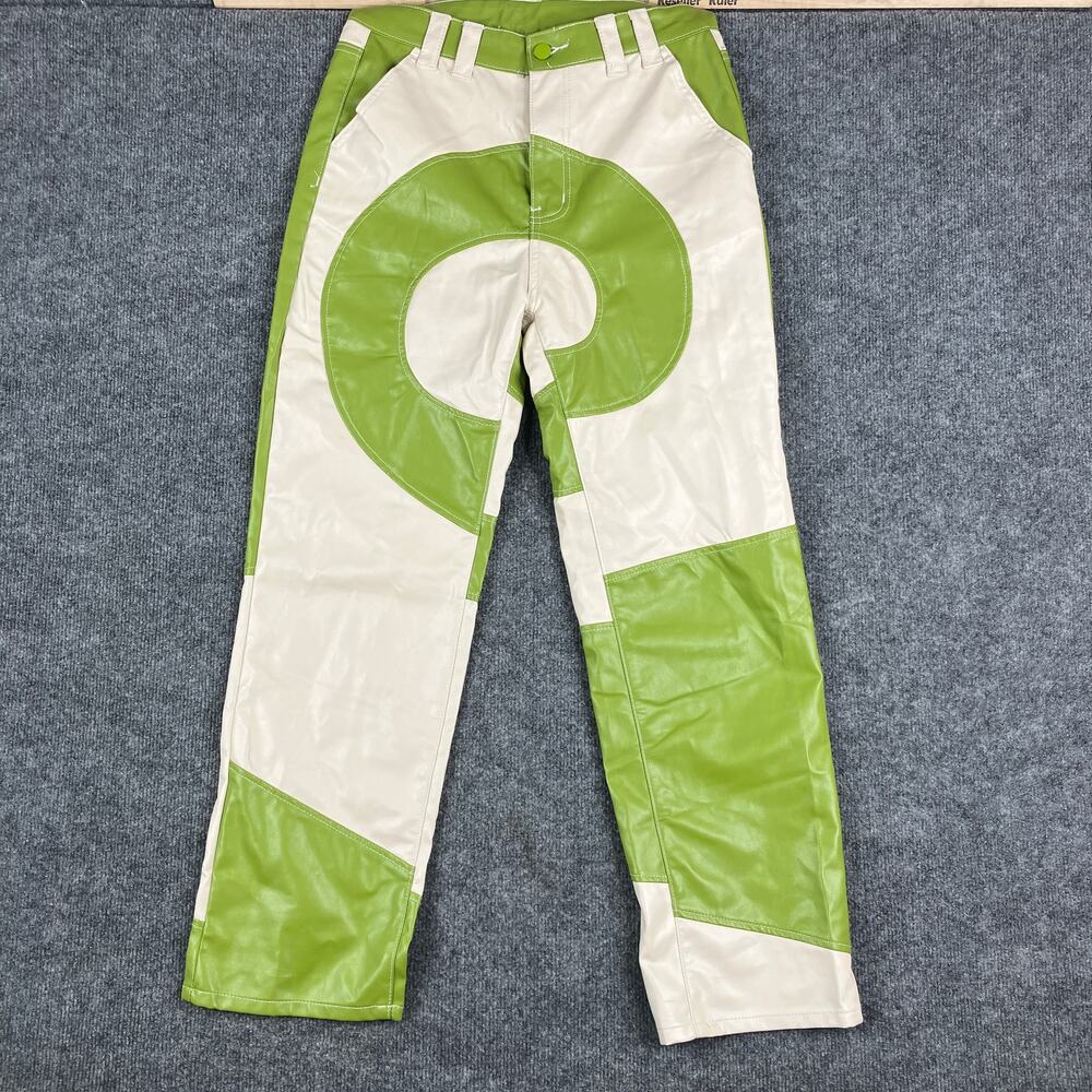 Emmiol Pants Womens Size M Green White Colorblock PU Leather High-Waisted‎ 29"